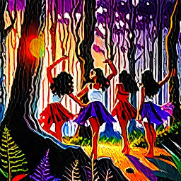 /imagine prompt:A realistic photograph of a group of girls with black hair and red and purple streaks, barefoot, dancing in short black skirts, gold necklaces glimmering, white stripes painted on the back of their thighs, glossy lips, in a trance-like state from music. Background: twilight-lit urban rooftop with string lights and soft fabric banners waving. The scene glows with warm, low light and deep shadows, reflecting off the girls' skin and jewelry. Created Using: DSLR photography, soft-focus lens, low ISO, golden hour exposure, cinematic lighting, smooth depth of field, dance photography, slow shutter capture, body-positive composition, reflective surfaces, glibatree prompt, moody documentary aesthetic --ar 16:9